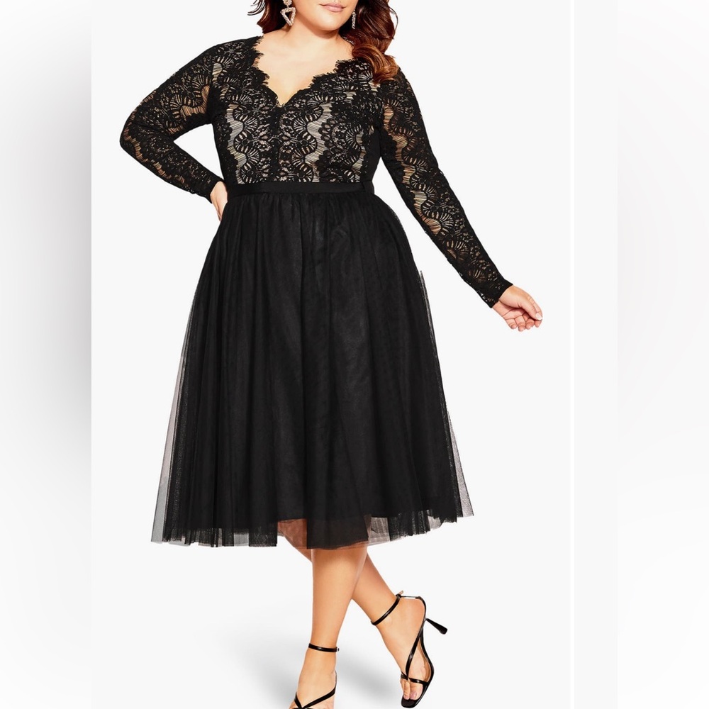 City chic Rare Beauty Lace and Tulle long sleeve midi dress